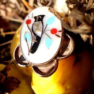 Old Pawn, Zuni, Stone Inlay Bird, Sterling Pendant, Squash Blossoms, 1 1/8"